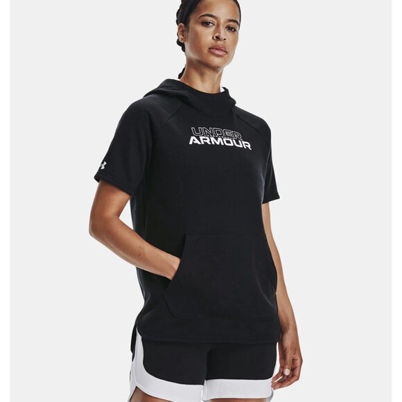 Under Armour Women's UA Short Sleeve Hoodie Black Loose Fit , UA Sweatshirts - Picture 2 of 9